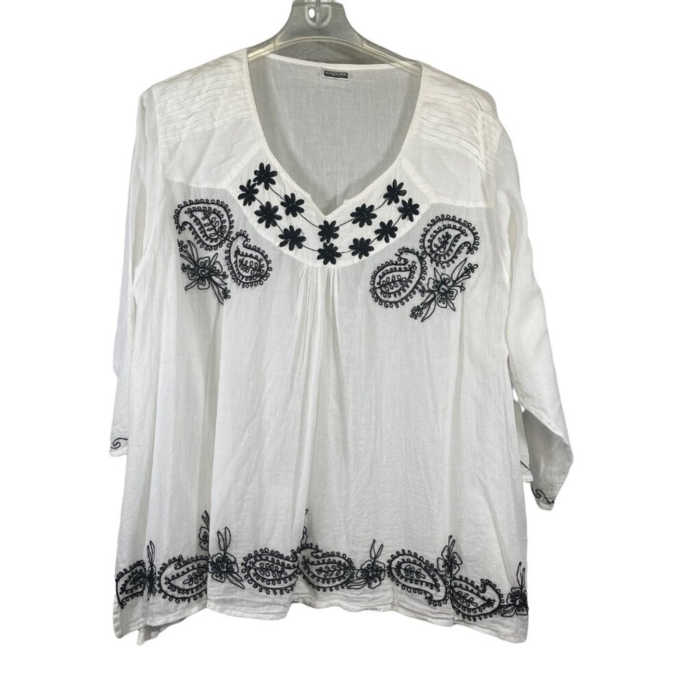 Krishma Womens 2X White Cotton Embroidered Tunic Top